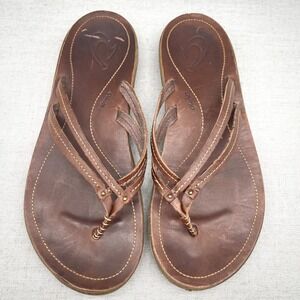 Olukai Womens 8 UI Flip Flop Sandal Shoe Brown Leather Thong Slip On Flat Casual